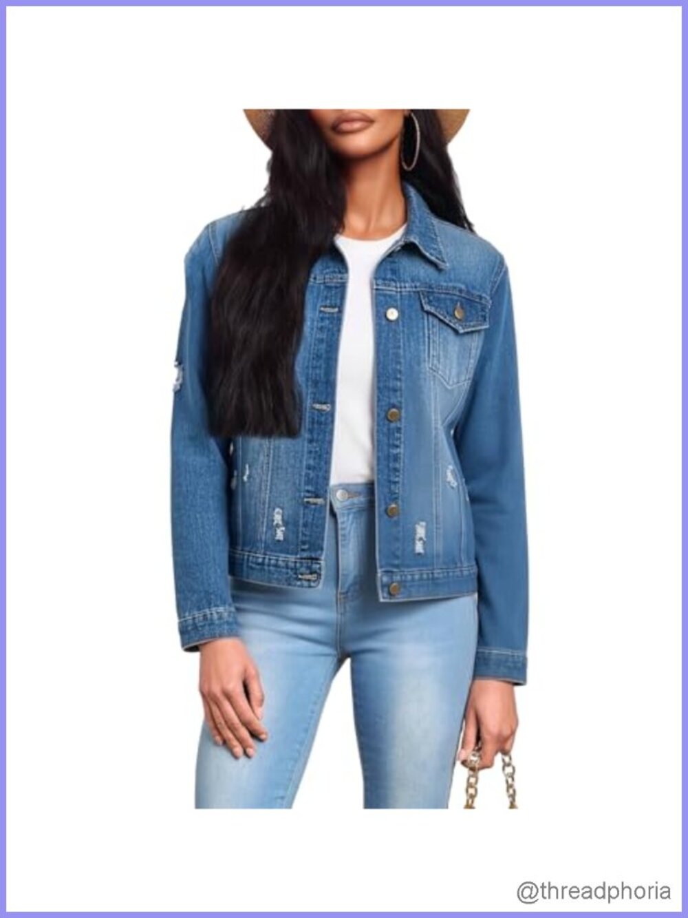 Womens Cropped Ripped Frayed Denim Jean Jacket Button Down Oversized